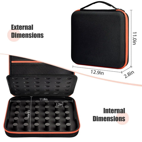 Heavy Duty Chainsaw Chain Storage Case Organizer for 6 to 12 Chains with anti-tangling design, shown in closed and open views with dimensions.