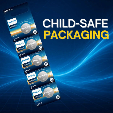 Heavy Duty 5 Pack CR2016 3V Lithium Coin Batteries Boasting A Rock Solid Ten Year Shelf Life And Totally Leak Free Design keeps child-safe packaging.