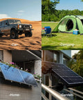 20W 12V Monocrystalline Solar Panel Kit With 10A Controller shown on RV, camping site, rooftop, garden setup