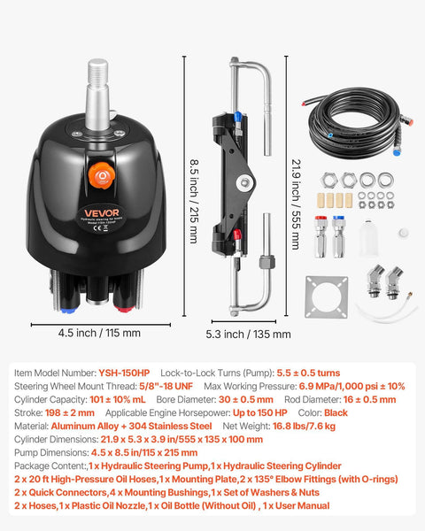 Beefy Hydraulic Boat Steering Kit For Up To 150 HP Outboard With 6.9 MPa 1000 Psi Helm Pump 5.5 Turns Lock To Lock Two Way Lock Cylinder 20 Ft High Strength Hoses Marine Single Station Steering System For Single Engine