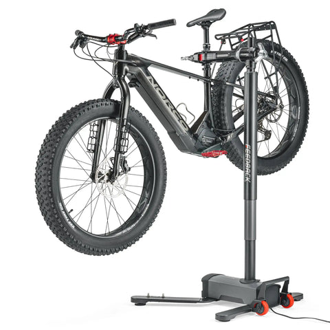 Electric Height Adjustable Bike Repair Stand With 100 Lb Capacity Hands Free Foot Lift Fast Ratchet Clamp holding an e-bike.