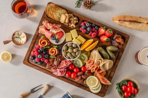 Top Shelf Solid Walnut End Grain Cutting Board Heavy Duty Kitchen Prep Surface with various foods, 17X13X1 inch, ideal for charcuterie.