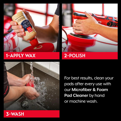 Three-step use of red 6.5 inch foam waxing pads for car detailing and buffing: apply wax, polish, and wash.