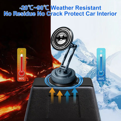 Rock Solid All Metal Alloy Long Arm Magnetic Car Phone Mount With Premium Navy Blue Finish And Heavy Duty Suction Base on car dashboard.