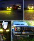 Images displaying Amber 2-Pack 5-Inch Dual-Row LED Flood Lights 72W 10800 Lumens Off Road Driving Fog Light Bar For Trucks Jeeps ATVs UTVs SUVs Boats Marine With 2-Year Warranty illuminating vehicles at night.