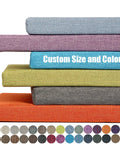 Stack of colorful bench cushions in various linen shades, labeled 'Custom Size and Color', for indoor and outdoor use.