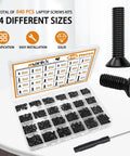 Top Shelf Laptop Screws Kit With 840 Pieces Featuring 24 Precise Sizes For Motherboard Repairs And Tough As Nails M2 SSD Mounting Includes Rock Solid Screwdriver For Stress Free Pc Maintenance in a clear storage case.