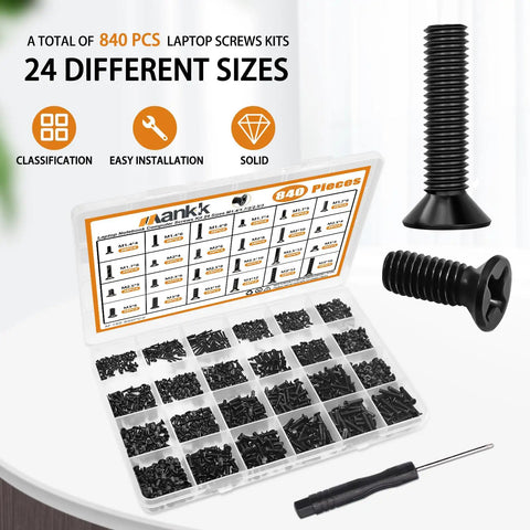 Top Shelf Laptop Screws Kit With 840 Pieces Featuring 24 Precise Sizes For Motherboard Repairs And Tough As Nails M2 SSD Mounting Includes Rock Solid Screwdriver For Stress Free Pc Maintenance in a clear storage case.