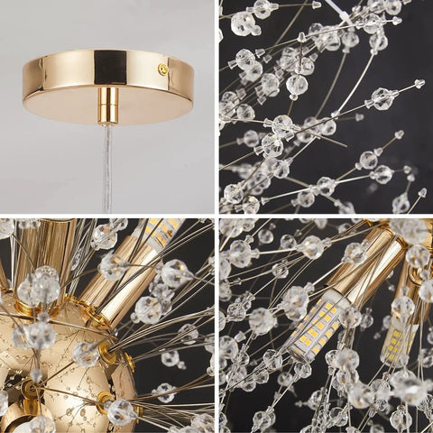 Gold Modern Dandelion Chandelier Pendant Light Fixtures Dope Nine Light Firework Crystal Semi Flush Mount Ceiling Light For Dining Room G9 Sockets Bulbs Not Included Sparkling Contemporary Gold Decor