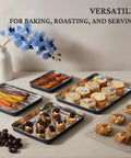 Stainless Steel Baking Sheet Set With Wire Racks Includes 3 Pans And 3 Racks In 9 12 16 Inch Sizes with food on display
