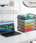Five Tier Letter Tray Desk Organizer With Handle Metal Mesh Paper Holder And File Organizer in home office setting