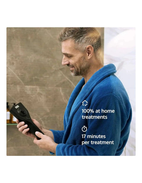 Man in blue robe using At Home Shockwave Therapy Device For Men To Bust Erectile Dysfunction And Kickstart Penile Blood Flow Naturally.