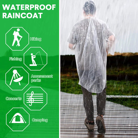 Person wearing 150 Piece Disposable Rain Ponchos for Adults with Hood Bulk Emergency Rain Gear for Travel Camping and Hiking Grab and Go Clear Ponchos Individually Wrapped Great Rainy Day Must Haves for Men and Women, walking in rain on wooden path