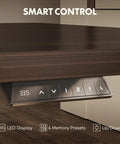 Smart control panel of Electric Height Adjustable L Shaped Standing Desk With Massive Storage Cabinet And Open Shelving In Rich Black Walnut Finish.