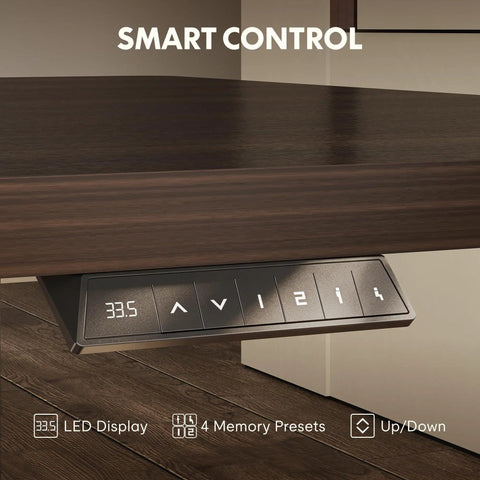 Smart control panel of Electric Height Adjustable L Shaped Standing Desk With Massive Storage Cabinet And Open Shelving In Rich Black Walnut Finish.