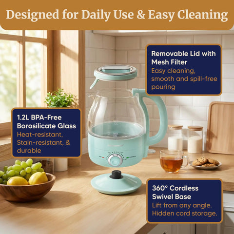 Super Fast Boil Electric Glass Kettle 1.2L 1200W With Adjustable Temperature Control And Keep Warm Mint Finish on a countertop