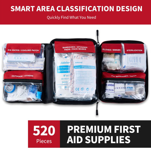 Open 520 Piece Premium First Aid Kit For Home Car Travel Camping Hiking And School With 520 Essential Medical Supplies visible