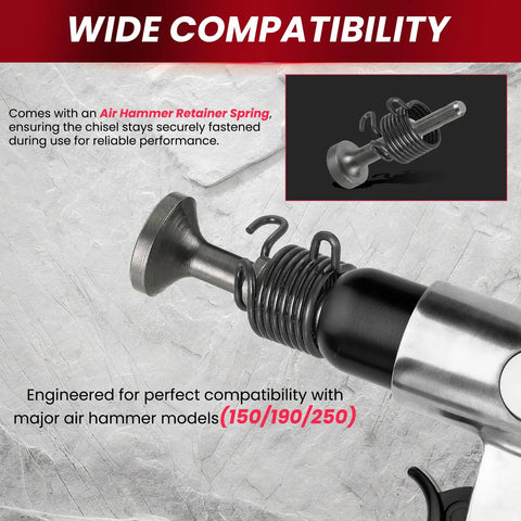 Close-up of Five Piece Smoothing Air Hammer Bits Kit With 10mm Shank fitted in pneumatic tool, highlighting spring-loaded feature.