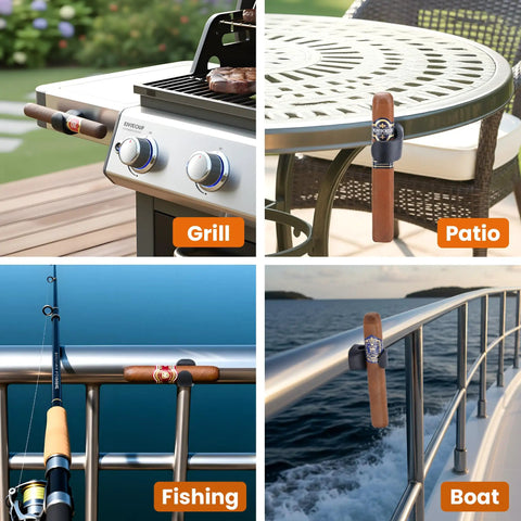 Magnetic Cigar Holder For Golf Cart Two Pack With Super Strong Magnet And Non Slip Silicone Grip attached to various outdoor surfaces.