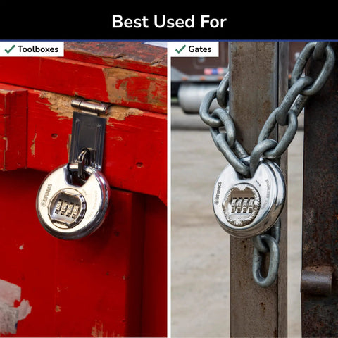 Heavy Duty 80mm Resettable Four Dial Padlock With Chrome Plated Hardened Steel Shackle securing a toolbox and gate