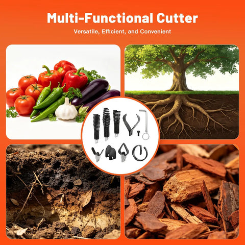 9 Pcs Drain Snake Drill Attachment Kit With Heavy Duty Root Cutter Heads Chops Through Stubborn Tree Roots and Nasty Gunk Fast Helping You Bust Open Stuck Sewer Lines Without Breaking a Sweat To Secure Those Toughest Clogs in Style showing various attachments and gardening materials.