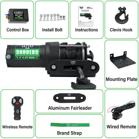 Beefy 3000 Lb ATV Winch With Wireless Remote And Wired Switch 12V DC Electric Winch With Synthetic Rope Fairlead And Mounting Plate For Easy Install And Universal Fit Perfect For Off Road Recovery, 3000LB ATV winch kit with remote, hook, bolts, fairlead, and plate