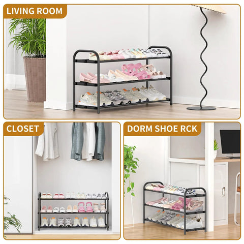 Expandable Three Tier Metal Shoe Rack With Adjustable Removable Cross Bars Fits Massive Sneakers And Delicate Flat Kicks Customizable Closet Organizer Blocks Off Entryway Mudroom Clutter Flex Your Drip Daily In Sleek Black Finish