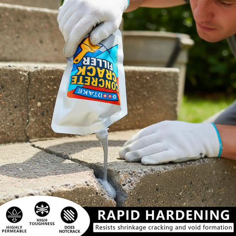 Man applying Tough As Nails Concrete Crack Sealant And Fast Cure Waterproof Patch Filler For Driveways And Garages With All Season Grey Caulk to stone steps.