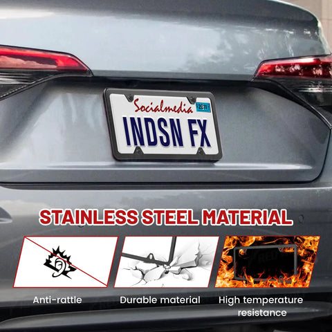 Matte Black Stainless Steel License Plate Frames For Front And Rear Mounting, Slim 4 Hole Design, installed on a car