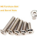 Rivet Countersunk Hex Socket Bolts and Hex Head Barrel Nuts Kit showing nickel plated M8 fasteners of various lengths