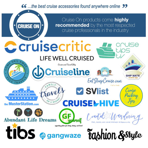 Various cruise-related logos and endorsements for Cruise On products.