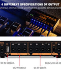 Front view of built-in 4400mAh battery gig-ready pedalboard power supply with eight 9V/12V/18V outputs and USB port