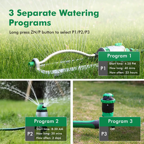 Remote Control Brass Sprinkler Timer For Outdoor Hose Faucet Two Zone System with multiple watering programs displayed