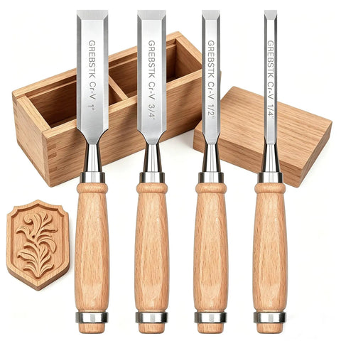 4 Piece Ultra Sharp Wood Chisel Set With CR V Steel Beveled Blades And Guards, showing wooden handles and blade sizes.