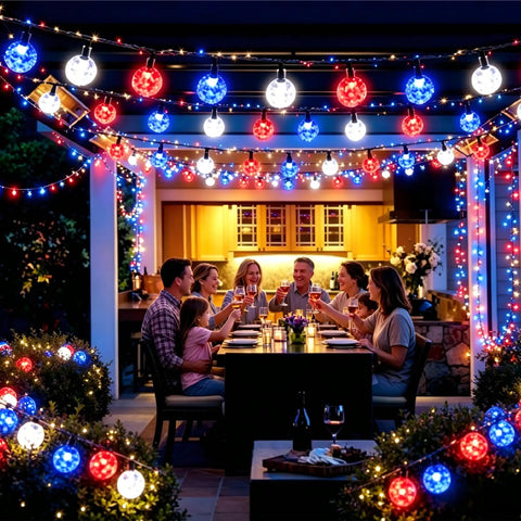 Family gathered under Red White Blue Solar String Lights 39Ft With 60 LEDs Waterproof Patio Lights For Independence Day Party