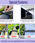 Top Shelf 16 Inch Black Metal Railing Planters Two Pack showing adjustable handles for various railing sizes.