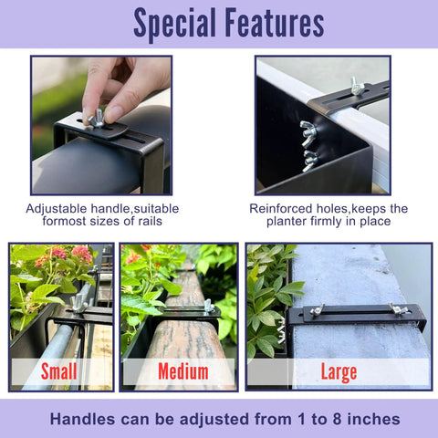 Top Shelf 16 Inch Black Metal Railing Planters Two Pack showing adjustable handles for various railing sizes.