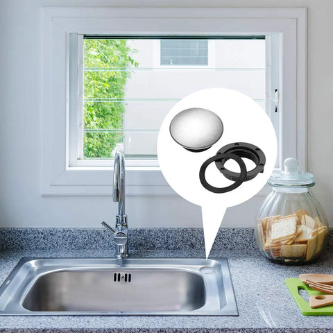 Sink with view of stainless steel hole cover; Stainless Steel Sink Hole Plug Cover Two Pack Fits One To One Point Four Inch Faucet Hole Easy Install No Tools Required Rust Resistant Durable Kitchen Faucet Hole Cover For Quick Sink Cleanup