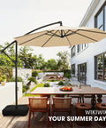 10 Foot Offset Cantilever Patio Umbrella With Sandbag Base Included Up To 80 Lbs in beige on backyard patio