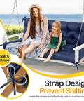 Blue Memory Foam Porch Swing Cushion For Outdoor Patio 60 Inch By 40 Inch Two To Three Seater With Headrest installed on swing.