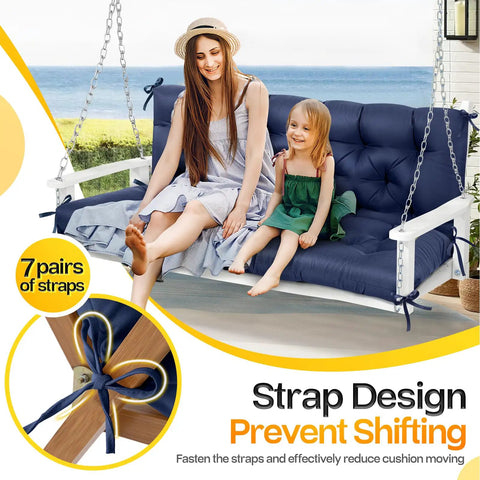 Blue Memory Foam Porch Swing Cushion For Outdoor Patio 60 Inch By 40 Inch Two To Three Seater With Headrest installed on swing.