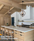 Dope Four Light Farmhouse Wood Chandelier With Rustic Orb Pendant Lighting in modern kitchen over island.