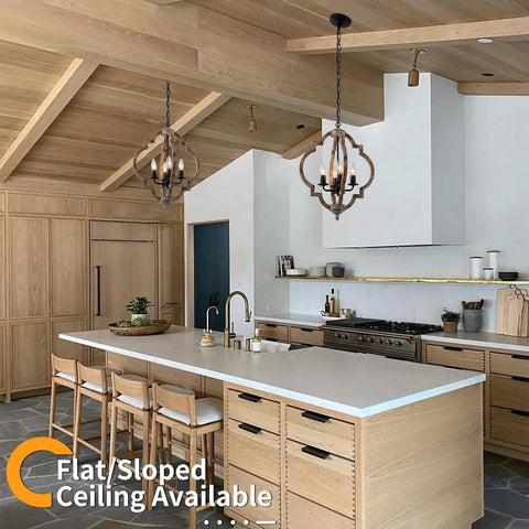 Dope Four Light Farmhouse Wood Chandelier With Rustic Orb Pendant Lighting in modern kitchen over island.