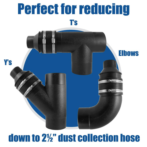 Four Inch To Two And A Half Inch Reducer With Four Inch Rubber Cuff Coupler And Stainless Steel Hose Clamps shown in T, Y, and elbow shapes.