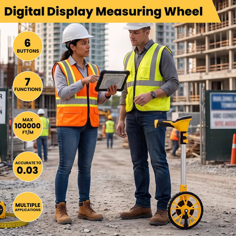 Heavy Duty Digital Measuring Wheel With Backlit Display And Folding Rollers For Surveying And Construction Straight Up Accurate To Point Zero Three Precision In Feet And Meters Built Tough For No Sweat Work