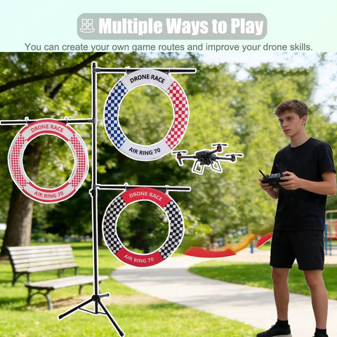 Person flying drone through Outdoor Drone Obstacle Course Kit For FPV Racing Indoor Quadcopter Gates For Beginner Friendly Practice