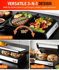 Get Juiced With This Bad Boy 1200W Panini Press Grill Standard 2 Slice Sandwich Maker with grilled meats and veggies in 180-degree positions.