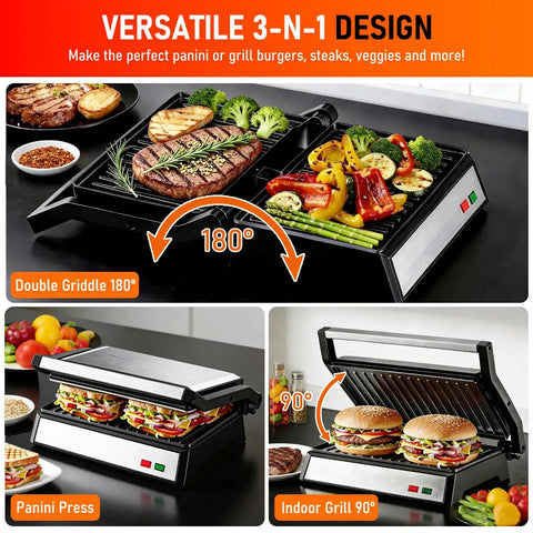 Get Juiced With This Bad Boy 1200W Panini Press Grill Standard 2 Slice Sandwich Maker with grilled meats and veggies in 180-degree positions.
