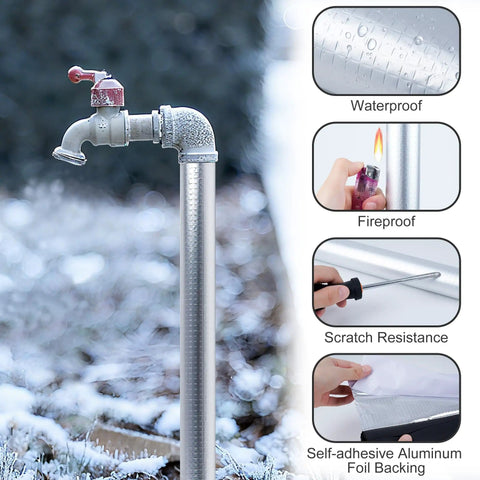 Self Adhesive Slit Foam Pipe Insulation Tubes For Spigot And Outdoor Pipes Freeze Protection Water Heater Lines Three Pack Easy Cut To Fit Three Quarter Inch Diameter shown protecting metal pipe with snow background
