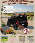Black 24V Ride On Toy For Big Kids Licensed Ford F150 Raptor showing rear view on gravel road with anti-slip tires and suspension features.